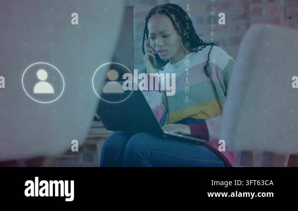 Woman tapping laptop phoning, loading graphic starting network map ...