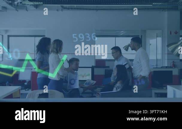 Vertical video: Holding tablet while graphs moving, team reviewing data ...