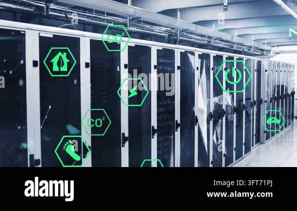 Camera tracking glass server racks along data center aisle, monitoring ...