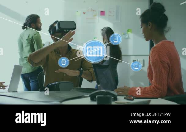 VR wearer putting on headset and gesturing, blue icons multiplying and ...