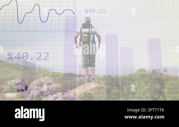 Hiker raising arms while waveform appearing initiating tech analytics ...