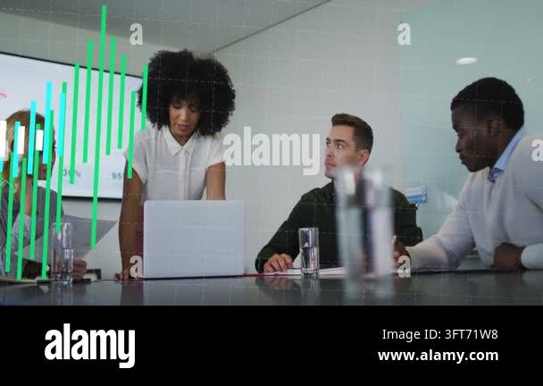 Woman gesturing to laptop causing business bars, waves sliding over ...