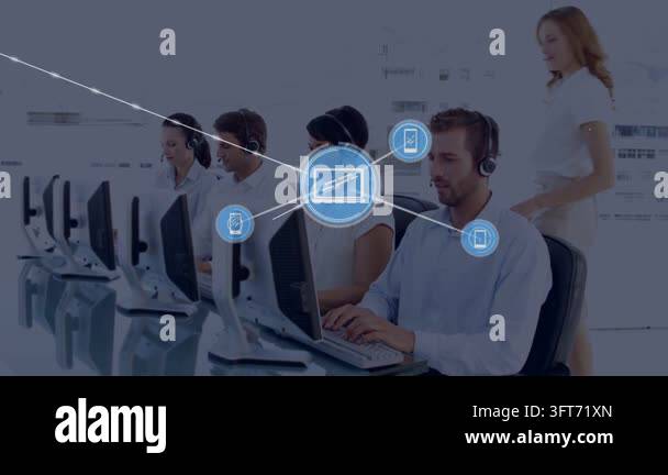 Agents typing, blue icon appearing, lead leaning, icons forming network ...