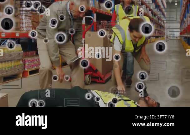 Team noticing collapse in warehouse kneeling, checking pulse, overlay ...