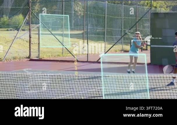 Vertical video: Tennis pair tossing ball serving moving while HUD boxes ...