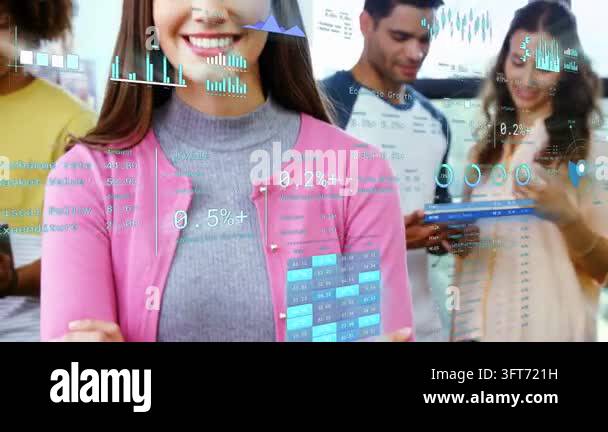 Woman in pink cardigan uncrossing arms and smiling as animated charts ...