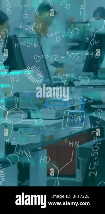 Vertical video: Lab researcher typing on PC and moving tubes at bench ...