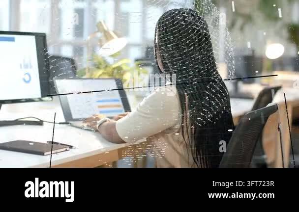 Woman tapping laptop initiating finance review graphs moving across ...