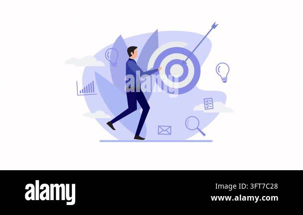 An animated businessman pushing a giant target with an arrow in a ...