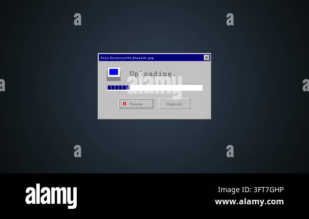 Gui Ystem An animated vintage style file upload dialog box on a dark digital ...