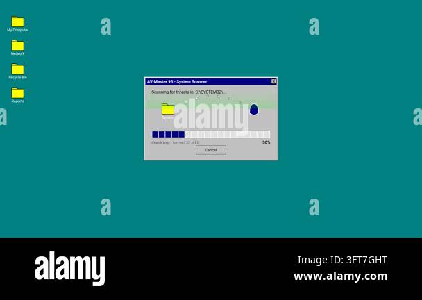 Gui Ystem A retro digital animation of an old antivirus software scanning a ...