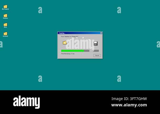 A retro digital animation of a computer file transfer progress bar with ...