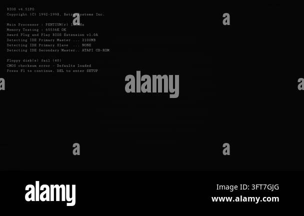 Animated vintage computer system boot sequence featuring white text ...
