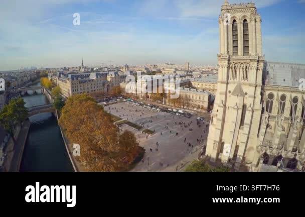 Aerial view of Notre Dame with Seine River and Paris cityscape in the ...