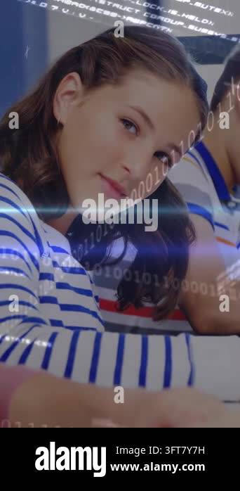 Vertical video: Teen girl looking up at camera, smiling while binary ...