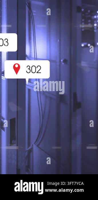 Vertical video: Server cabinet showing incoming alert icons from right ...