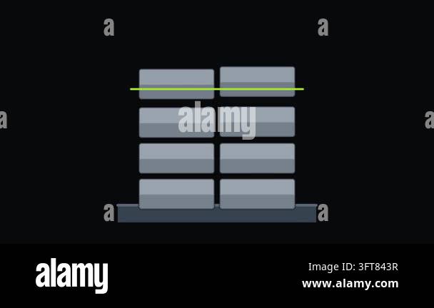 Concrete blocks stack into a wall aligned with a leveling line, a ...