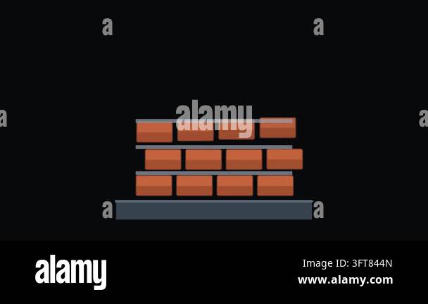 Red bricks stack row by row to build a wall, a looping flat 2D animated ...