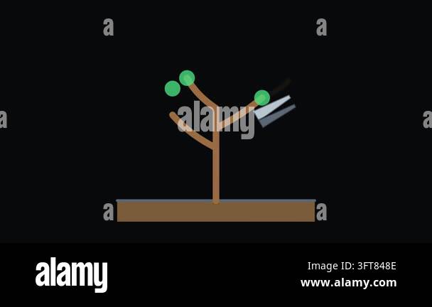 Pruning shears trim branches from a fruit tree, a looping flat 2D ...