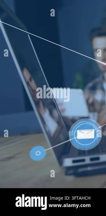 Vertical video: Colleagues typing, white line starting, blue icons ...
