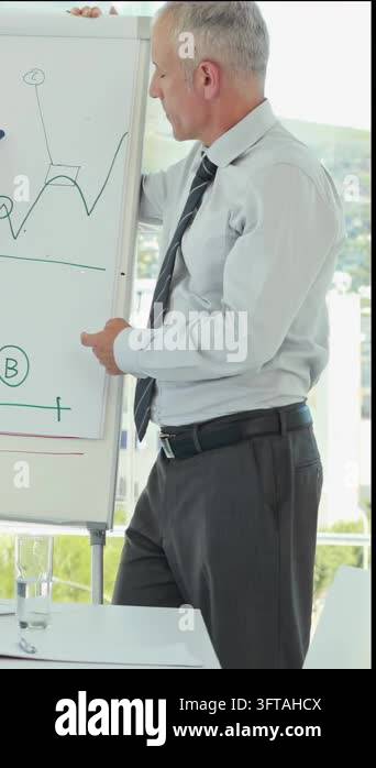 Business host holding easel explaining line graph as peer pointing ...