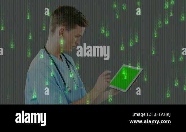 Vertical video: Male medic tapping tablet, reviewing patient data with ...