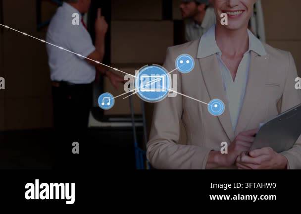 Woman holding clipboard overseeing logistics while blue icon initiating ...