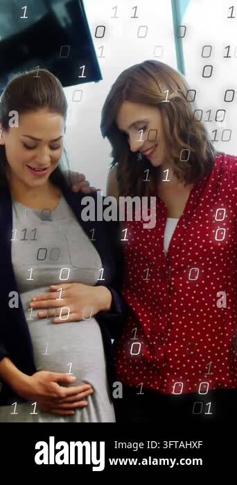Vertical video: Mom-to-be holding bump while friend leaning in, phone ...