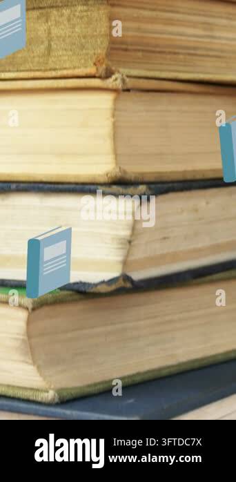 Animation of book icons over stack of books on wooden background ...