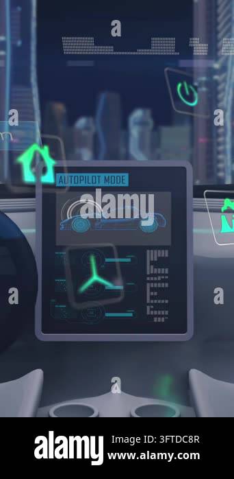 Animation of icons and car interface over cityscape. Global technology ...