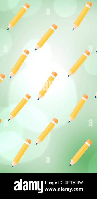 Digital animation of multiple pencils icons floating against spots of ...