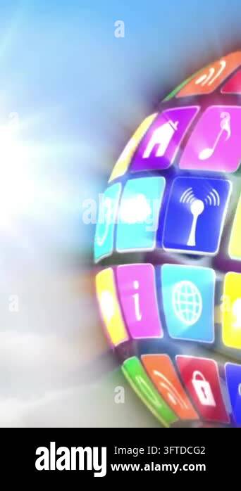Animation of globe of media icons over sun. Business, technology and ...