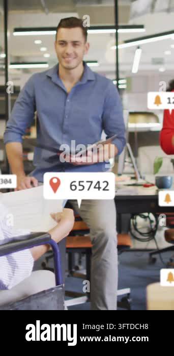 Animation of media icons over disabled and diverse colleagues ...