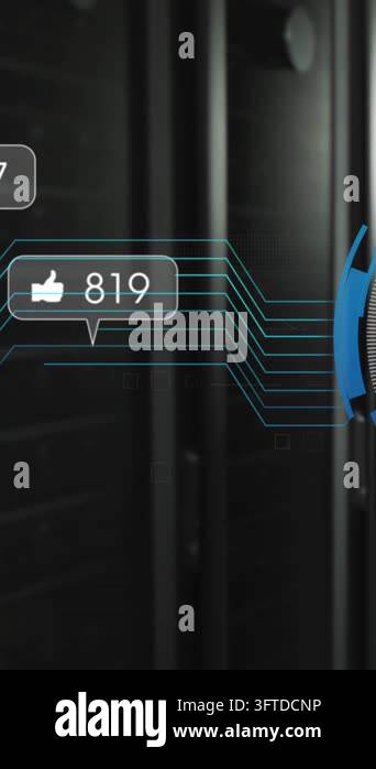 Animation of media icons and fingerprint icon over server room. Global ...