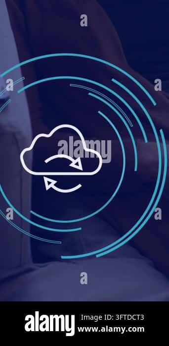 Animation of cloud icon over hands using laptop in office. Global ...