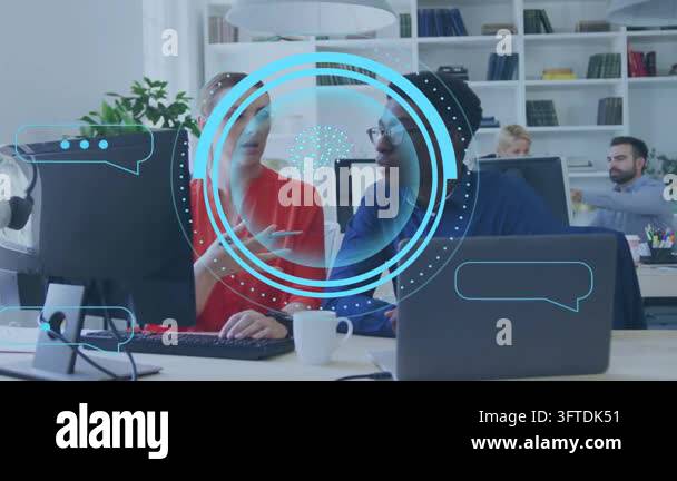 Woman typing keyboard activating blue HUD and chat icons while man ...