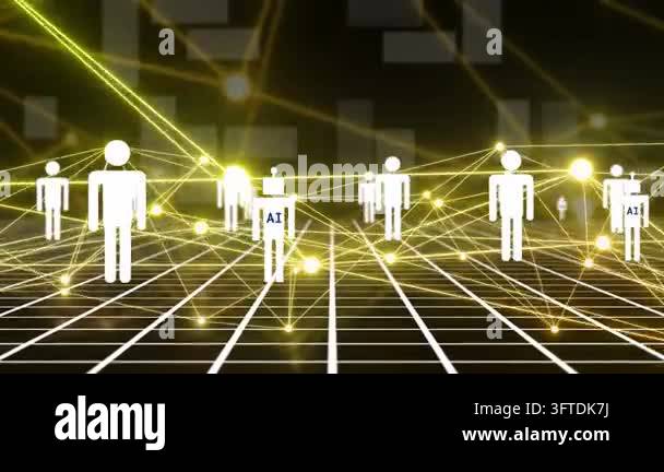 Pulsing network nodes initiating human silhouettes and AI robots moving ...