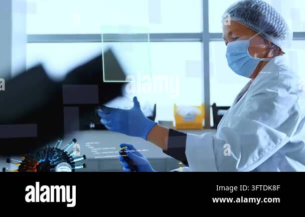 Lab technician grasping flask, aligning vial in lab, activating HUD ...