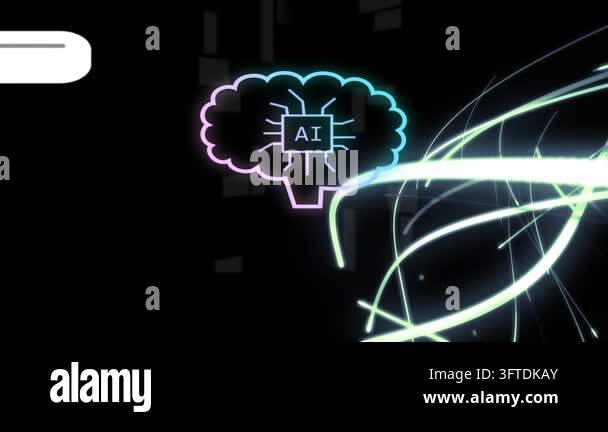 Neon brain icon forming from stroke, receiving pale green ribbons ...