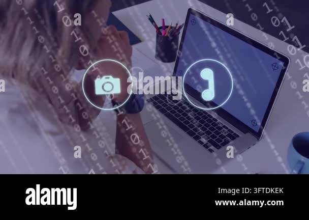 Woman leaning forward as binary stream starting spawning holographic ...