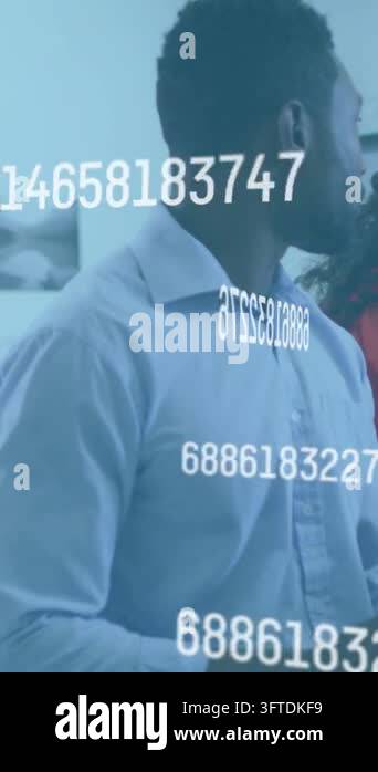 Vertical video: Man reacting after cue, pointing pen as blue data ...