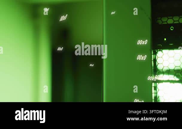 Grill pulsing green LED initiating glyphs moving left across glossy ...
