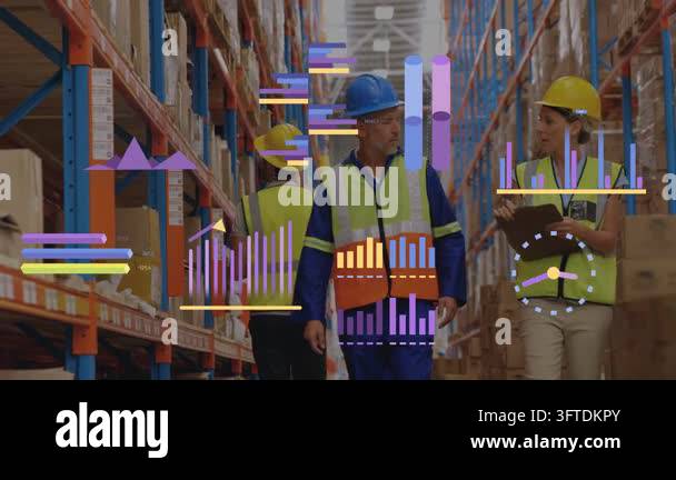 Logistics team walking aisle, scanner scanning boxes starting data ...