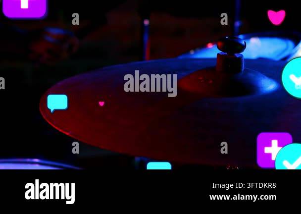 On closeup stage cymbal, animated icons spawning and rising, obscuring ...