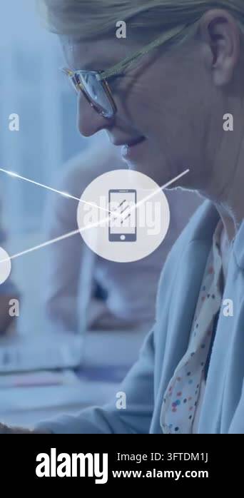 Vertical video: Senior woman using device, phone icon appearing, nodes ...