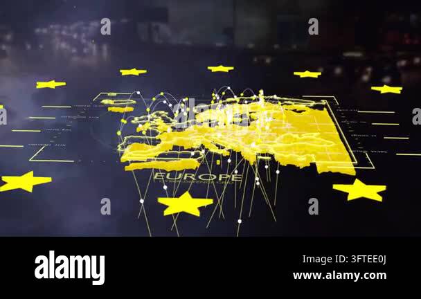 On scene start yellow 3D EUROPE map glowing, nodes pulsing and arcs ...