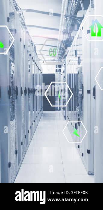 Animation of multiple icons over circuit board pattern on server racks ...