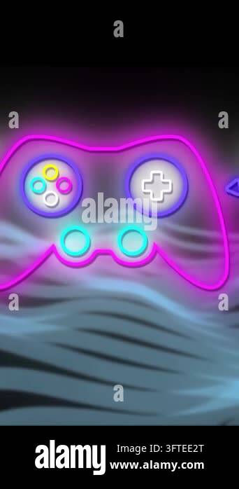 Animation of video game pad over neon pattern background. Global video ...