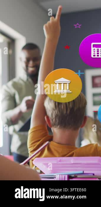 Animation of school icons over african american male teacher and pupils ...