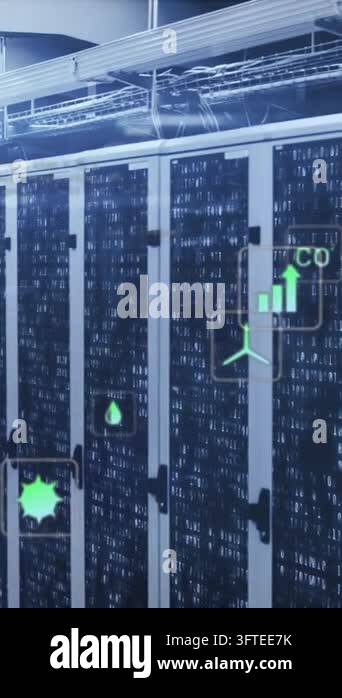 Animation of icons, computer language over binary codes on data server ...
